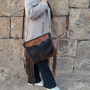 Genuine Hair On Cowhide Purse, Hand Tooled Bag, Western Leather Shoulder Bag